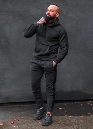 Мужской зимний спортивный костюм серый с черным с лампасами asos | комплект худи и штаны на флисе