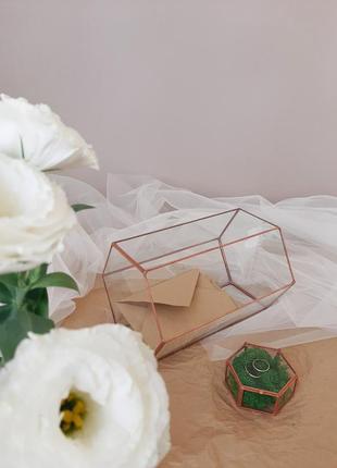 Весільна скринька для обручок і скарбниця для конвертів, набір. скляна скринька з мохом і скриня.2 фото