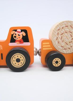 Іграшка дерев'яна дитяча розвиваюча машинка трактор на магнітах різнокольорова 3 деталі cubika
