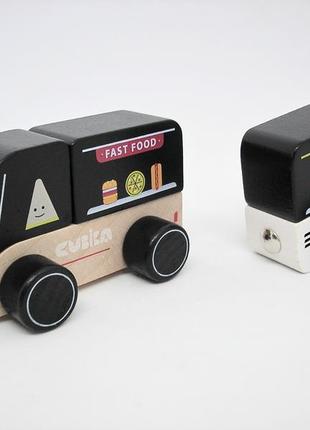Іграшка машинка дерев'яна дитяча розвиваюча мандруюче кафе різнокольорове на магнітах 2 деталі cubik2 фото