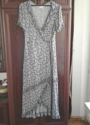 Брендовое вискозное черно-белое длинное пляжное платье-халат, платье на запах next beachwear3 фото
