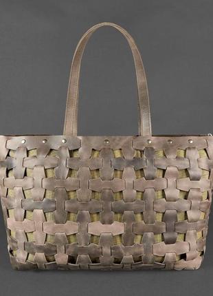 Кожаная плетеная женская большая сумка шоппер, сумка-шопер из натуральной кожи размер xl темно-коричневая1 фото