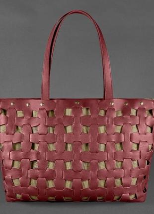 Кожаная плетеная женская большая сумка шоппер, сумка-шопер из натуральной кожи размер xl бордовая1 фото