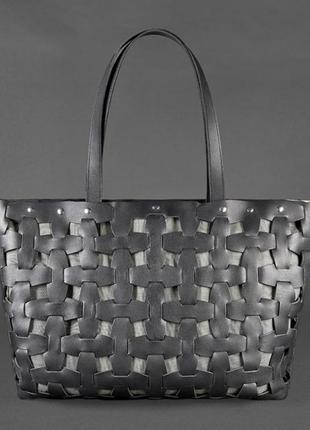 Кожана плетена жіноча велика сумка шоппер, сумка-шопер з натуральної шкіри розмір xl чорна