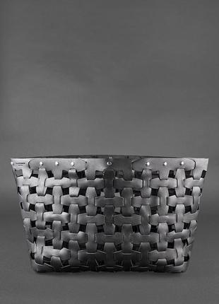 Кожаная плетеная женская большая сумка шоппер, сумка-шопер из натуральной кожи размер xl черная4 фото