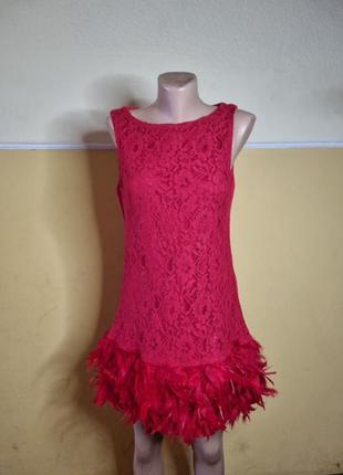 Платье  красивое  красное  с перьями2 фото