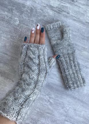 Митенки серые вязаные перчатки без пальцев шерсть мохер полушерсть серые мотенки