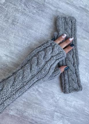 Митенки серые вязаные перчатки без пальцев шерсть мохер полушерсть серые мотенки