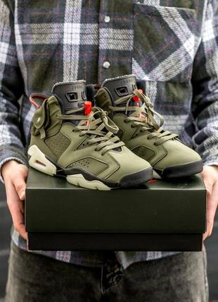 Мужские высокие кожаные кроссовки nike air jordan retro 6 x trawis scott haki#найк