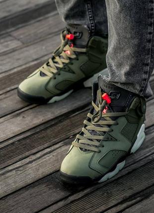 Мужские высокие кожаные кроссовки nike air jordan retro 6 x trawis scott haki#найк7 фото