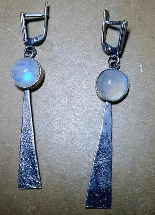Ексклюзивні унікальні дизайнерські креативні срібні сережки 925 ,,місячна комета" з справжнім місячним камнем адуляром