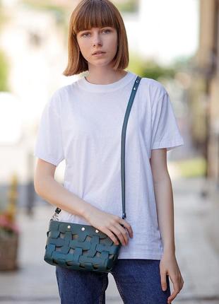 Жіноча шкіряна плетена сумка клітч через плече крос-боді з натуральної шкіри розмір s зелена6 фото