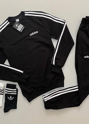 Мужской утепленный спортивный костюм adidas черный без капюшона | комплект зимний адидас свитшот и штаны