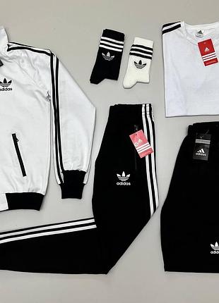 Мужской спортивный костюм adidas адидас кофта с молнией штаны и шорты носки в подарок 6в1 черно белый