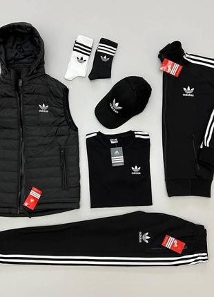 Чоловічий спортивний костюм adidas 7в1 чорний | комплект адідас жилетка + кофта + штани + шорти і кепка