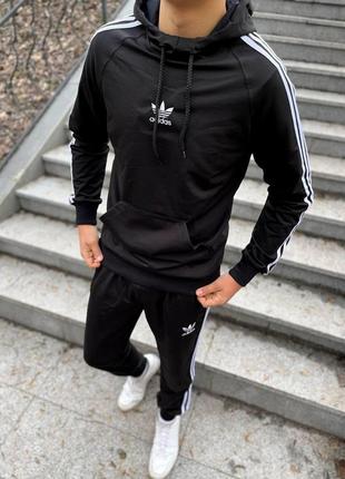 Мужской спортивный костюм adidas черный | мужской комплект адидас без молнии с капюшоном