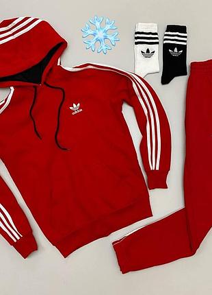 Мужской утепленный спортивный костюм adidas красный с капюшоном | комплект зимний адидас кофта и штаны