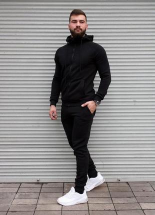 Чоловічий зимовий спортивний костюм чорний на флісі з капюшоном  ⁇  комплект худі та штани з начосом4 фото
