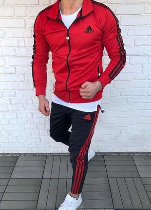 Мужской спортивный костюм adidas черный с красным с капюшоном | комплект адидас кофта и штаны хлопковый