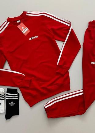 Чоловічий утеплений спортивний костюм adidas червоний без капюшона  ⁇  комплект зимовий адіас світшот і штани