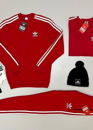 Мужской зимний спортивный костюм adidas красный на флисе | комплект адидас свитшот + штаны + футболка