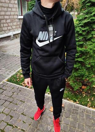 Чоловічий зимовий спортивний костюм nike на флісі чорний найк теплий тринитка з начосом