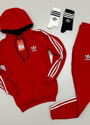 Чоловічий утеплений спортивний костюм adidas червоний з капюшоном  ⁇  комплект зимовий адіас худі та штани