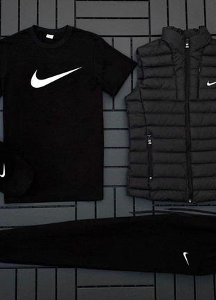 Чоловічий спортивний костюм nike 4в1 весняний осінній he комплект найк футболка+штани+кепка+ліжка чорний