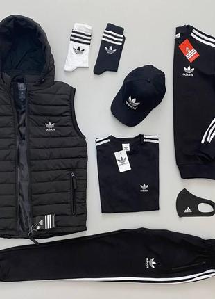 Мужской спортивный костюм adidas набор 8в1 в полоску черный адидас весесенний осенний