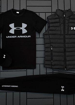 Мужской спортивный костюм under armour | комплект андер армор футболка+штаны+кепка+жилетка черный