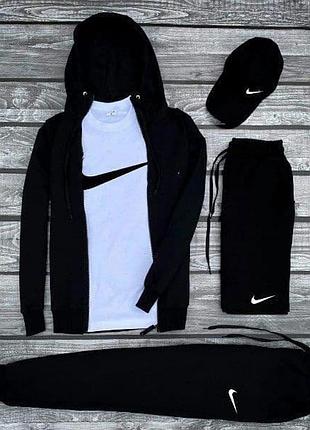 Мужской спортивный костюм nike черный | комплект найк 5в1 кофта с штанами и футболка с шортами + кепка