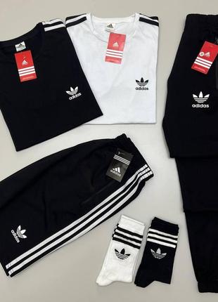 Мужской летний костюм adidas футболка и шорты и штаны 4в1 адидас комплект черный носки в подарок