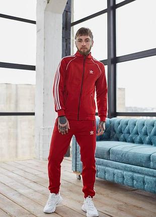 Чоловічий спортивний костюм adidas червоний без капюшона | комплект зимовий адідас світшот і штани