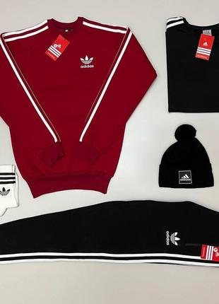 Мужской зимний спортивный костюм adidas бордовый на флисе | комплект адидас свитшот + штаны + футболка