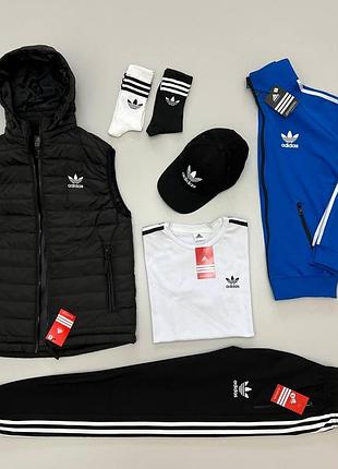 Чоловічий спортивний костюм adidas 7в1 чорний з синім | комплект адідас жилетка + кофта + штани + шорти