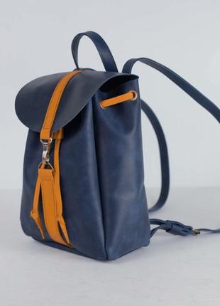 Жіночий шкіряний рюкзак київ, розмір міні, натуральна вінтажна шкіра колір синій + бурштин2 фото