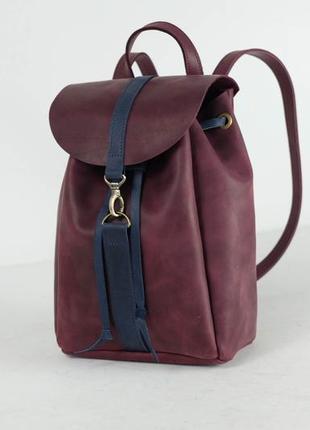 Жіночий шкіряний рюкзак київ, розмір міні, натуральна вінтажна шкіра колір бордо + синий