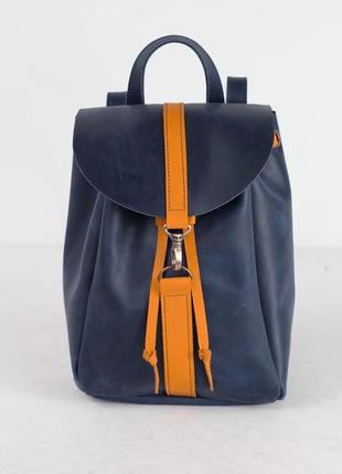 Жіночий шкіряний рюкзак київ, розмір середній, натуральна вінтажна шкіра колір синій + бурштин1 фото