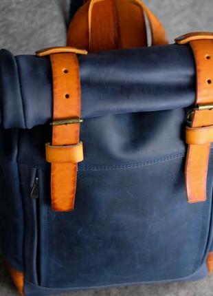 Кожаный мужской рюкзак "hankle h7" натуральная винтажная кожа, цвет синий + янтарь2 фото
