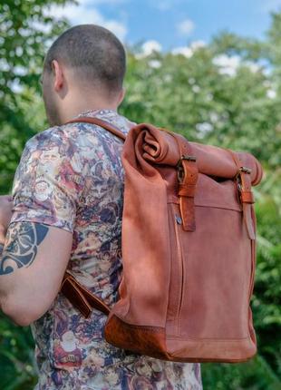 Кожаный мужской рюкзак "hankle h7" натуральная винтажная кожа, цвет синий + янтарь3 фото