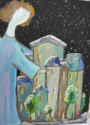 Картина маслом ангел ночь декор детской арт оригинал ручная работа