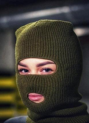 Балаклава маска в'язана (шапка-балаклава 2 в 1, мафія, вор, бандит) хакі, унісекс reis one size