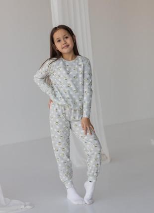 Серая пижама с брюками на девочку - желтые мишки - family look мама/донька