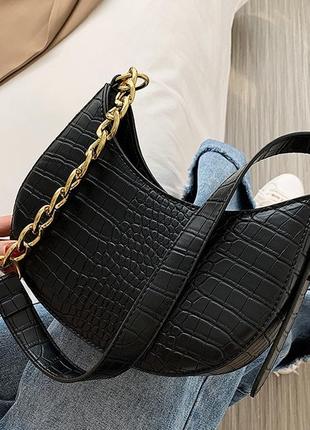 Женская сумка багет на плечо из эко-кожи под крокодила, стильная модная сумочка