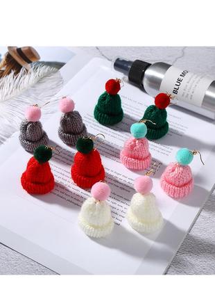 Серьги/сережки шапочки вязанные, зимние новогодние «winter mood» (зелено-красный)7 фото