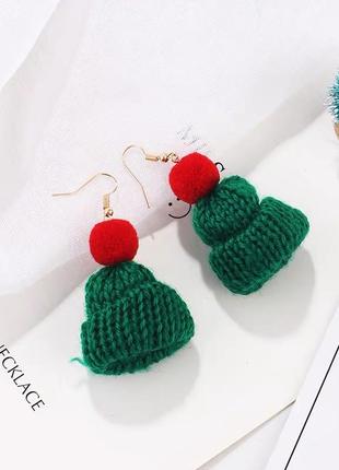 Сережки/сережки в'язані шапочки, зимові новорічні «winter mood» (зелено-червоний)