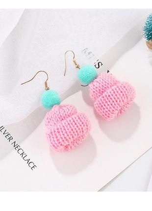 Сережки/сережки в'язані шапочки зимові новорічні «winter mood» (рожево-бірюзовий)