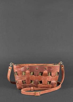 Женская кожаная плетеная сумка клатч через плечо кросс-боди из натуральной кожи размер s светло-коричневая2 фото