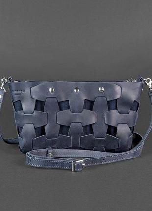 Жіноча шкіряна плетена сумка клітч через плече крос-боді з натуральної шкіри розмір s синя1 фото