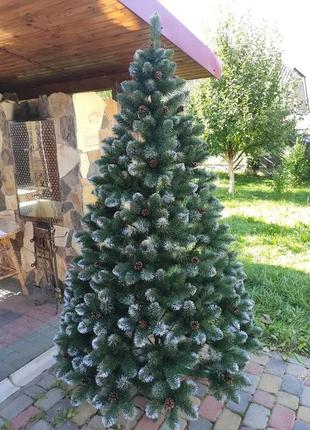 Ялинка штучна елітна з шишками 2.2 м пишна зелена засніжена з білими кінчиками висока офісна